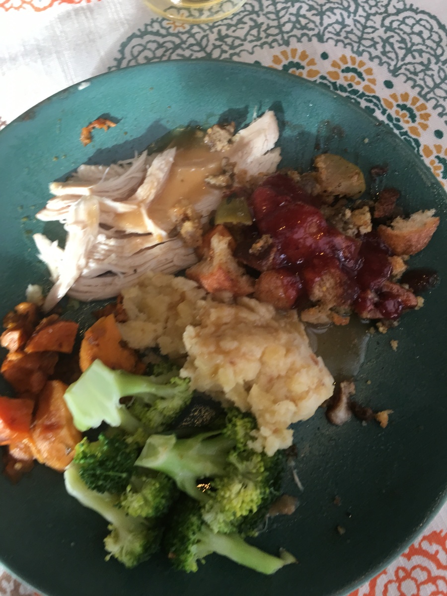 Thanksgiving plate - turkey with gravy, broccoli, sweet potatoes, and stuffing